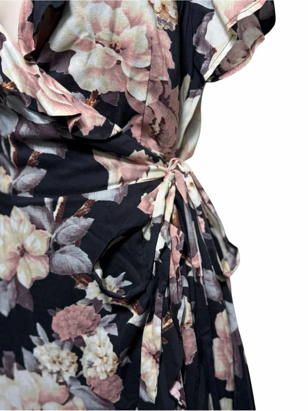 PAIGE Cardamom Floral Wrap Dress Black Evening Sand Ruffle Short Sleeve XS - Picture 7 of 15